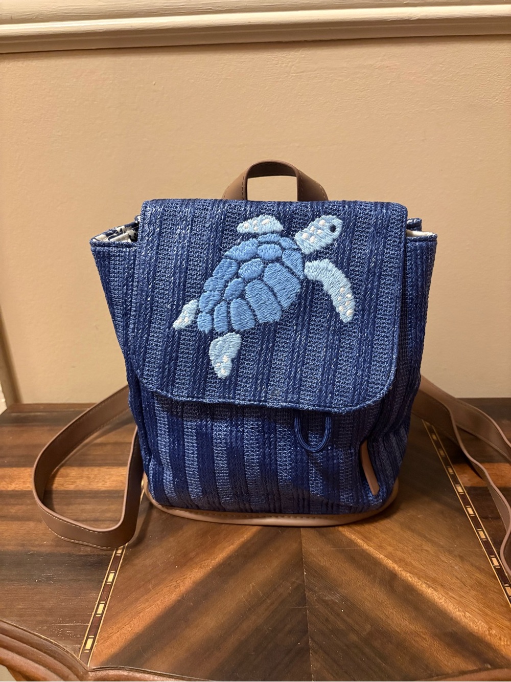 Vera Bradley Straw Mini Backpack in Regatta Turtle Blue
